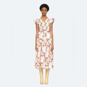 SEA New York Esme Cream Floral Smocked Tiered Flutter-Sleeve Maxi Dress | Sz 10